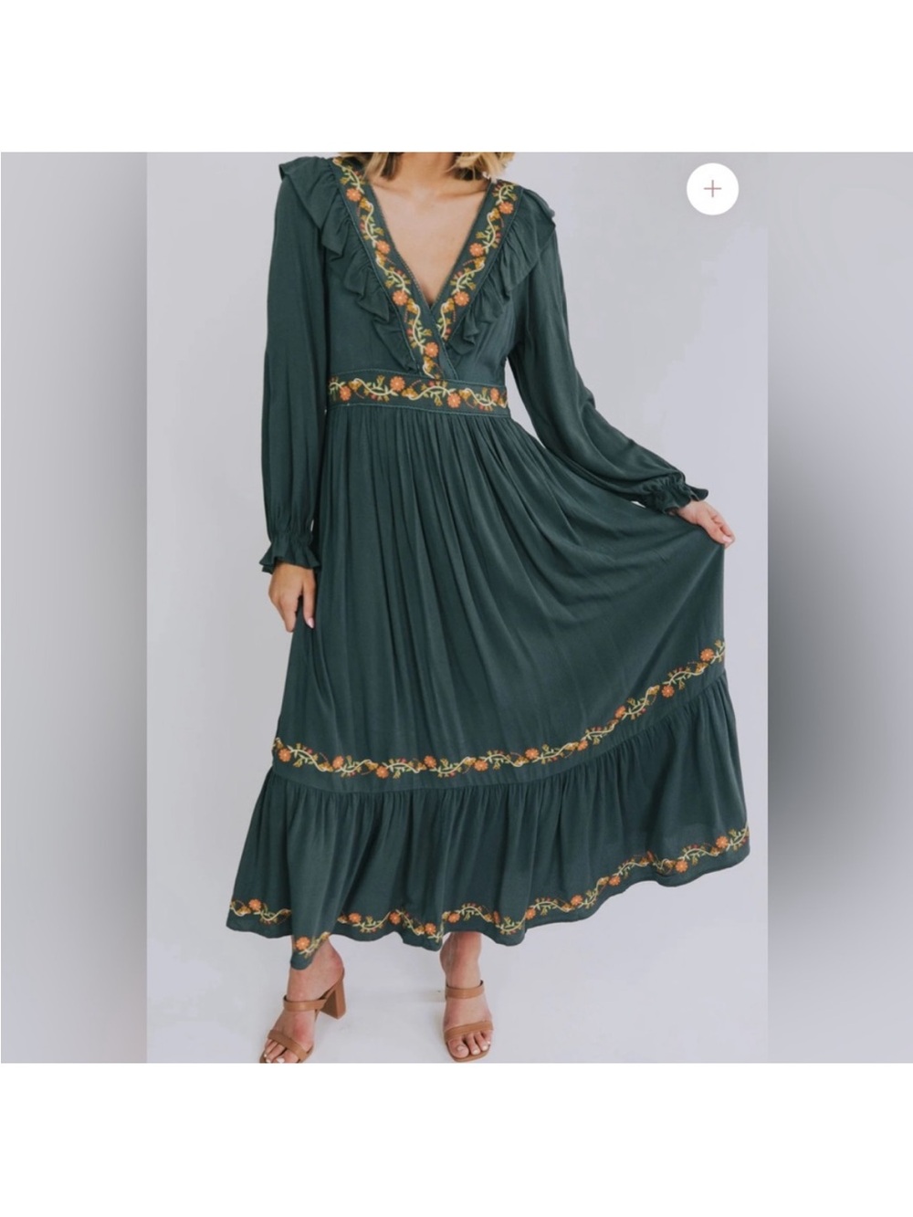 In Loom Dark Teal Floral Embroidered Ruffle Long Sleeve Dress Large